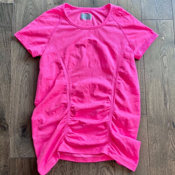 Athleta Fastest Track Ruched Tee Space Dye Pink Size S Activewear Top - Picture 2 of 8